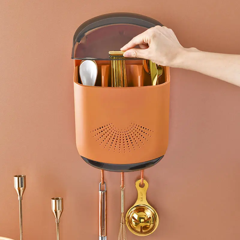 Kitchen Storage Organizer Waterproof Wall Mounted Drain Soup Spoon Chopsticks Cage Plastic Chopsticks Holder