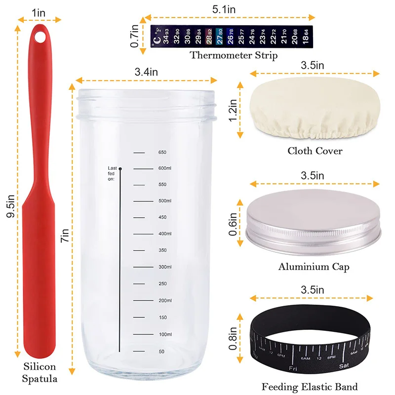 Hot Selling With Thermometer/date Marked Feeding Band/scraper/cloth Cover And Metal Lid Sourdough Starter Jar Kit