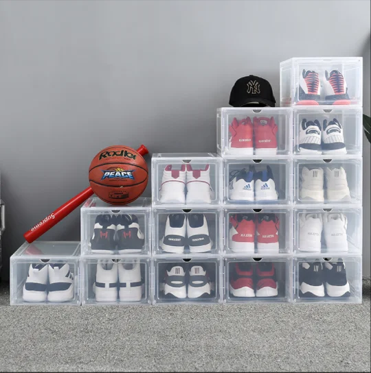 Magnet Drop Front Shoe Box Stackable Plastic Shoe Box With Clear Door Display Sneakers Easy Assembly Fit up to US Size