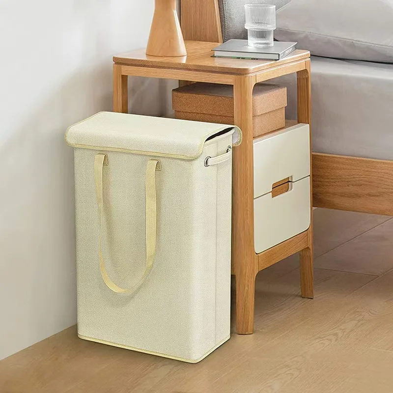 Cotton linen laundry basket with cover narrow strip laundry basket foldable slim height portable bedroom office storage basket