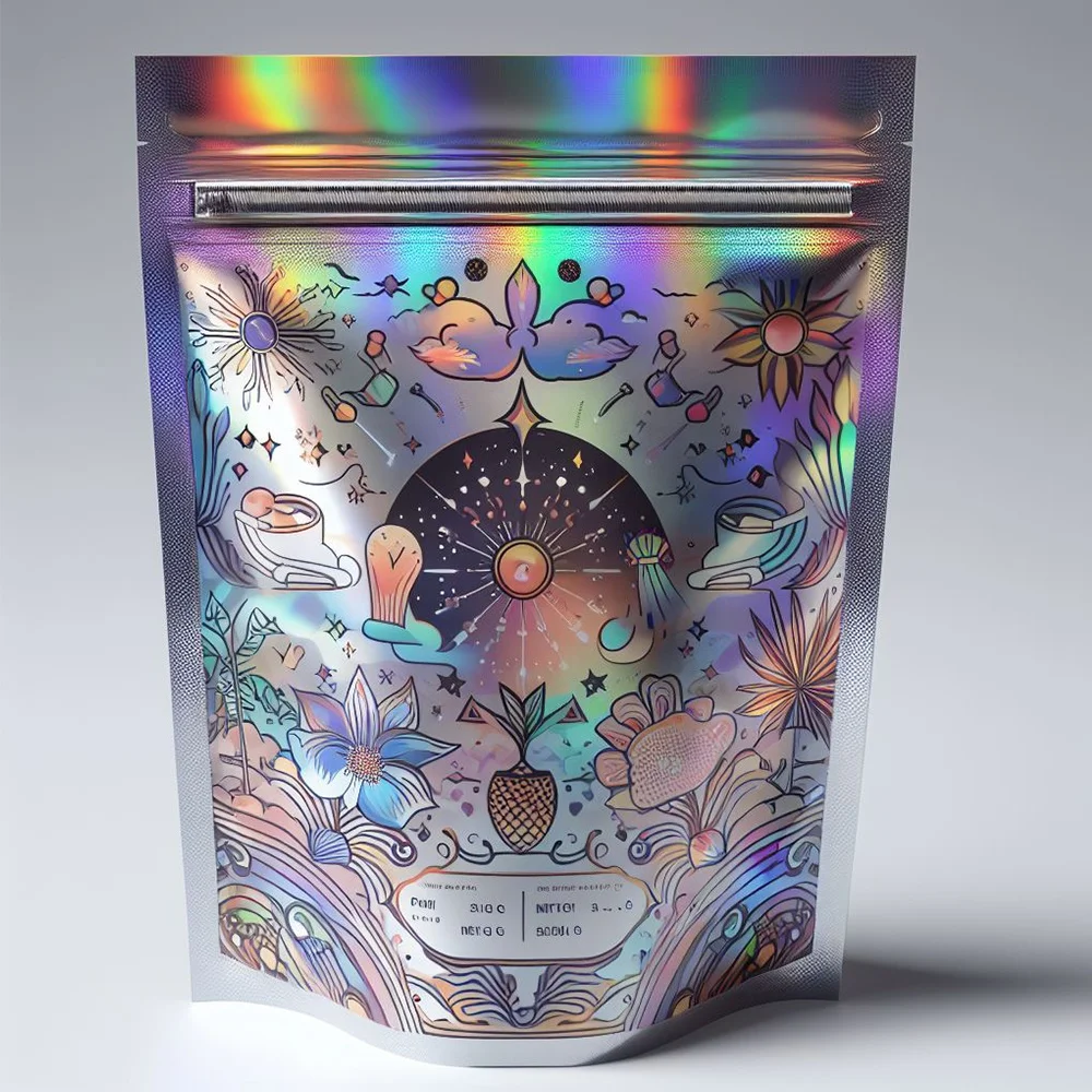 Customize Clear Front Stand Up Laser Plastic Packaging Holographic Bag,Transparent Snack Food Ziplock Mylar Three Side Seal Bags