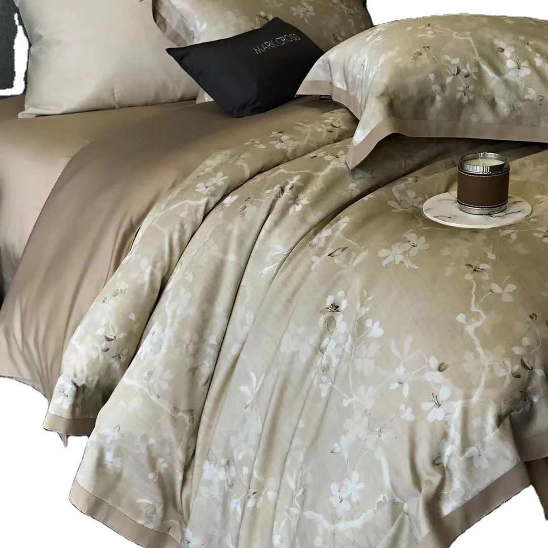 Home Textile Natural Tencel Printed Bedding Set High Quality Elegant Duvet Cover Set 4pcs Lyocell Fiber Wedding Flower Bed Linen