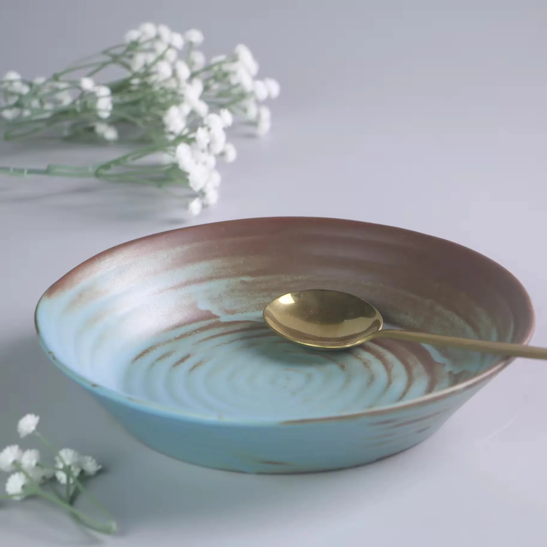 Nordic vintage design sky blue matte glazed stoneware porcelain hotel tableware luxury ceramic dishes and plates soup plate