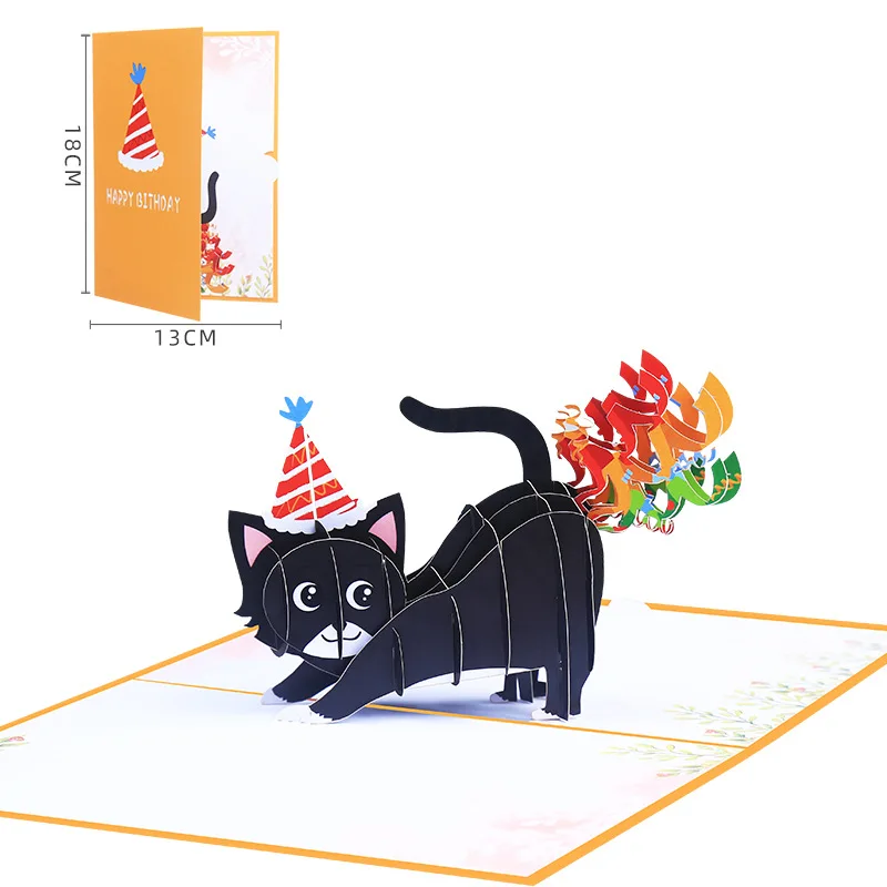 3D Pop up Happy Birthday Paper Greeting card with envelop pop up funny Rainbow farting kitten Birthday gift card