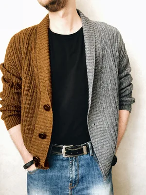 Mens Classic cardigan sweater Loose Long Sleeve wholesale Cable Knit Shawl Collar half color block Cardigan sweater