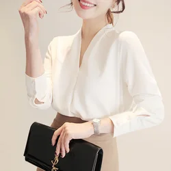 White Shirt Women Spring And Summer V-Neck Solid Color Professional Blouses Simple Sexy Loose Chiffon Blouse Korean
