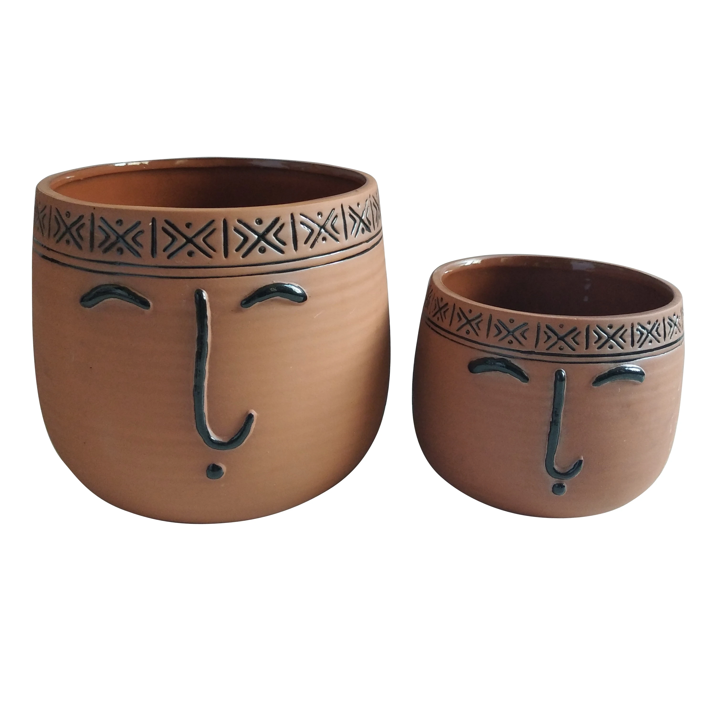 Cheap hand painted human face brown large unglazed terracotta flower pot for wholesale
