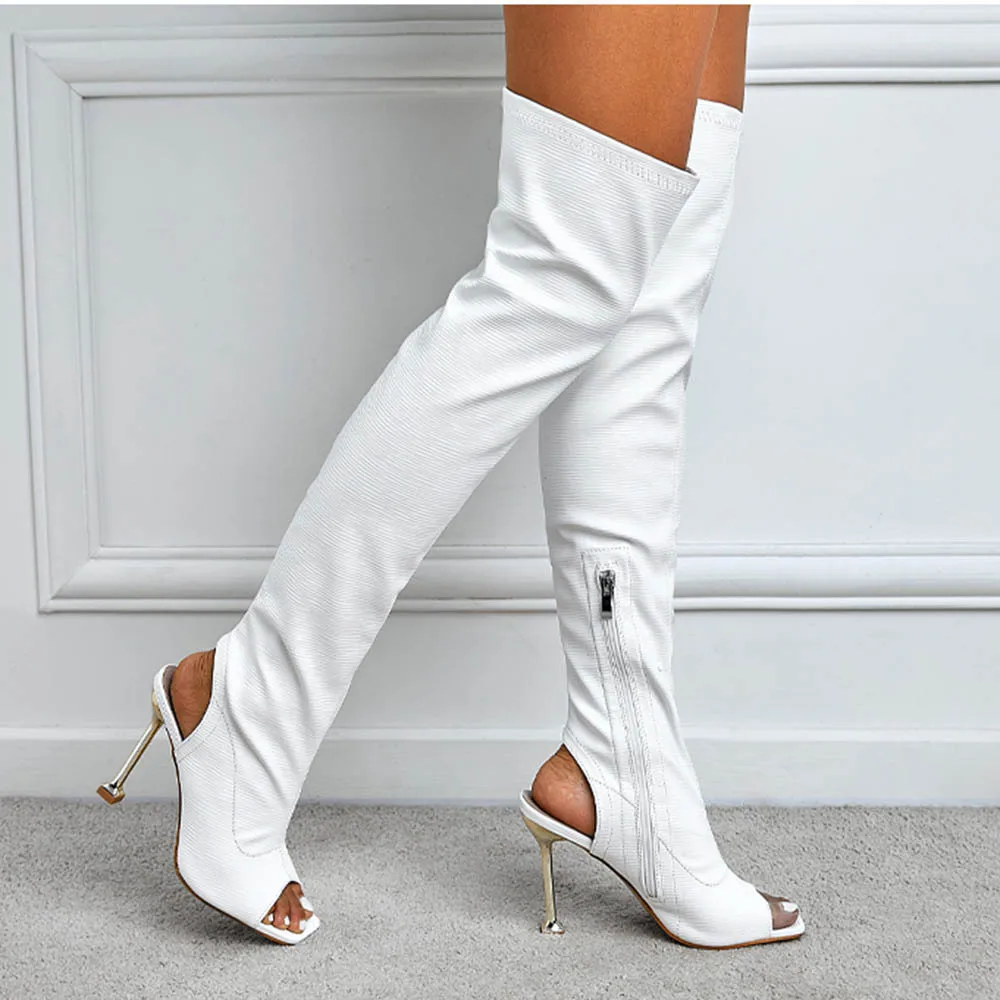 2024 Fashion Pu Leather White Black Metal Zipper Open Toe Sandals Thigh High Street Wear Over The Knee Boots Women