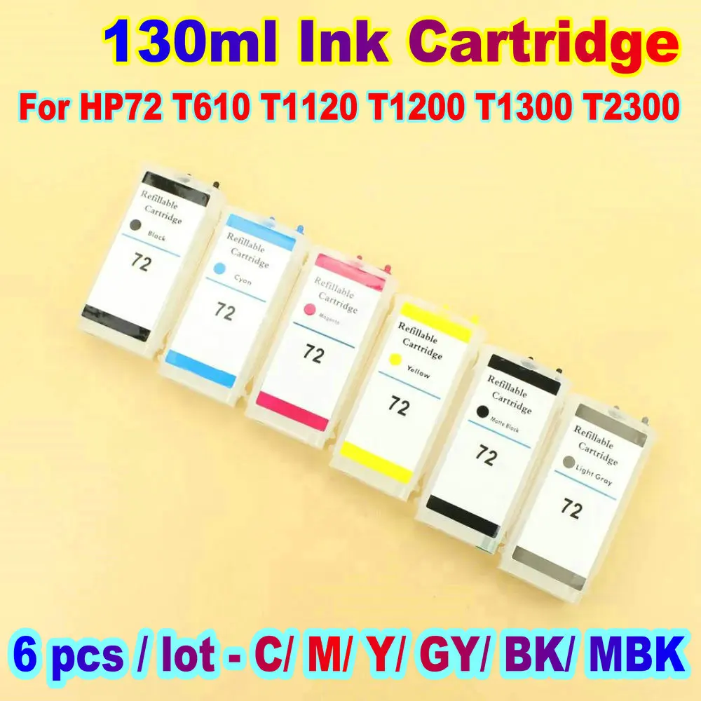 130ml Refillable Printer Ink Cartridge For HP 72 Designjet T610 T1120 T1200 T1300 T2300 HP72 Empty Ink Cartridge 6 Colors Kit