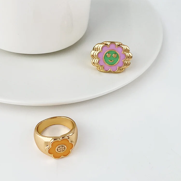 2021 New Design Cute Colorful Round Enamel cloud smile heart Rings Color brass for