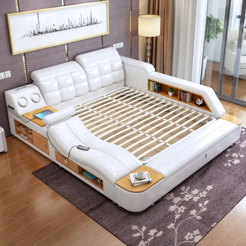Luxury Modern Bedroom Furniture Double Sleeping Tatami Storage Massage Leather Bed With Gas Lift