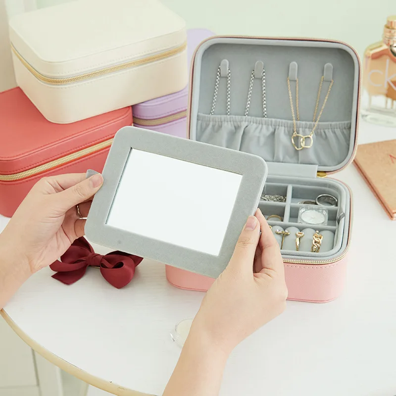 2 Layer Travel Women Jewelry Case Boxes Leather Jewelry Storage Box With Mirror
