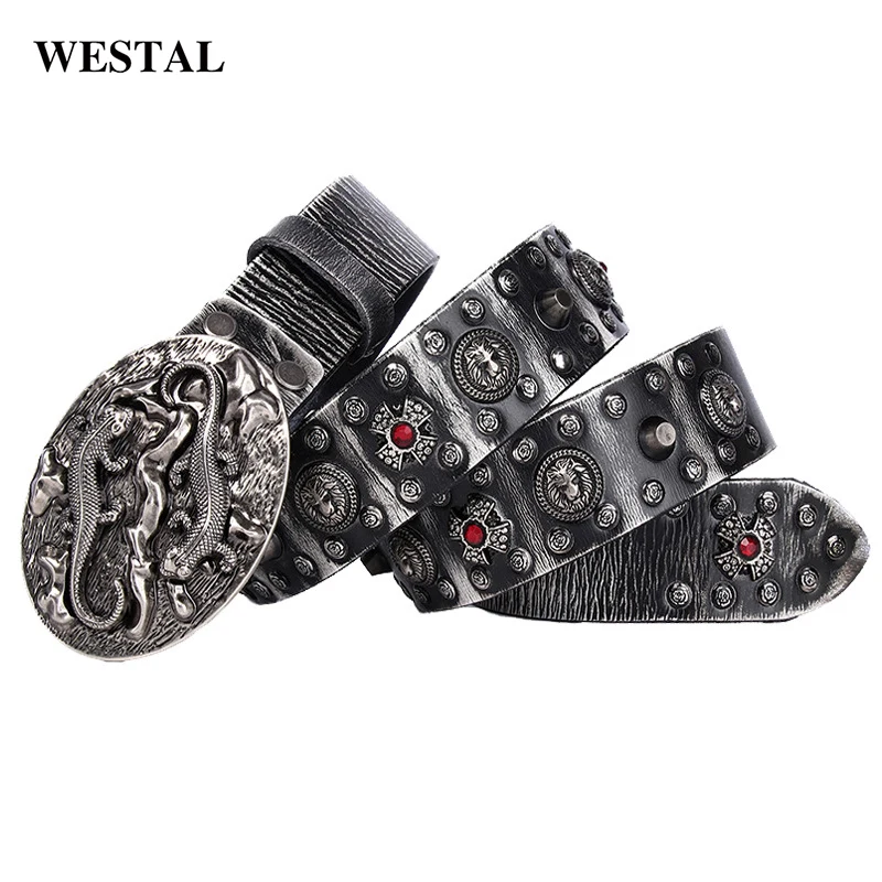 Westal Trend Punk Style Mens Belts Genuine Leather Womens Leather Belts Western Alloy Buckle Leather Belt