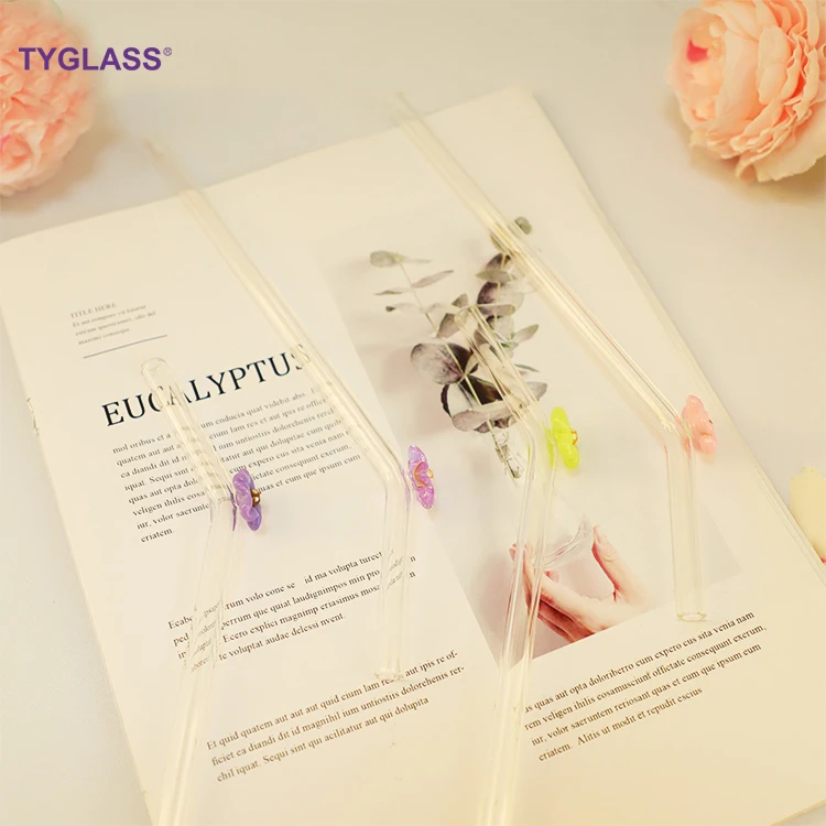 Manufacturer Custom Reusable Bent Glass Drinking Smoothie Straws Cute Glass Straws With Flower Cherry Blossom Glass Straws