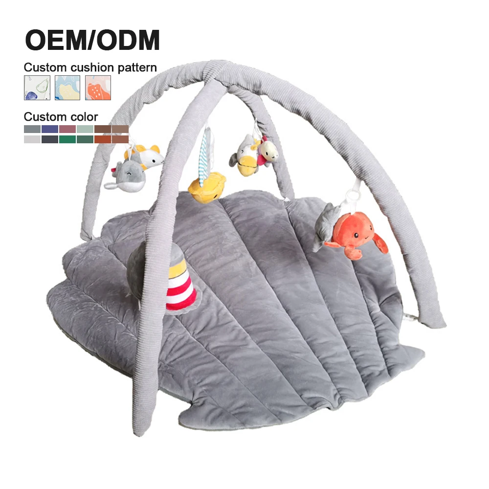 Wholesale Cotton Soft IWashable Sensory And Motor Skill Development Infant Baby Play Gym Activity Mat With 5 hanging toys