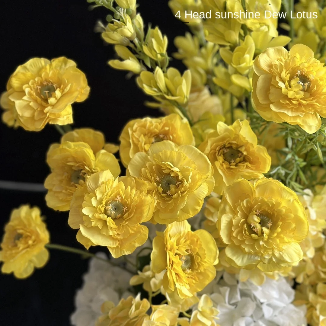 New Yellow Dew Lotus Artificial Flowers Christmas Green Wedding Factory 4 Sunshines Leafless Green Road Lead Backing Trade Shows