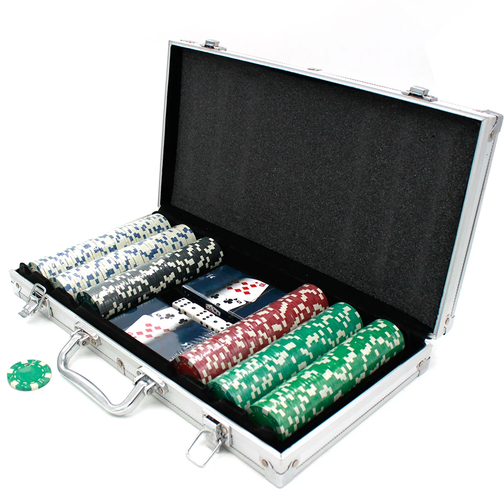Custom Luxury 300-Piece ABS Plastic Poker Chips Set 2pcs Playing Cards 5 Dice in Aluminum Box 14g Weight for Casinos Custom Logo