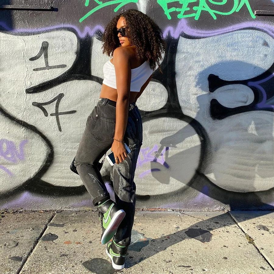 Nibber W21P00802 Newly Irregular Striped High Waist Casual Streetwear Cotton Slim Lady Denim Trousers Women Pants & Ripped Jeans