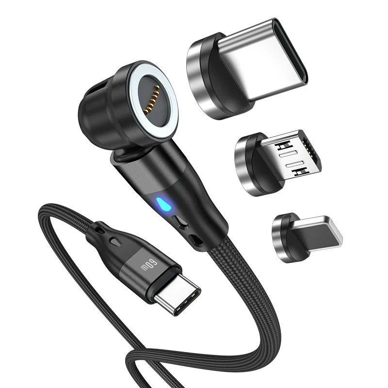 New Design 540 Degrees Rotate Magnetic Type-C Cable with Three Magnetic Interfaces 3 in 1 60W Fast Charging Nylon Data Cable