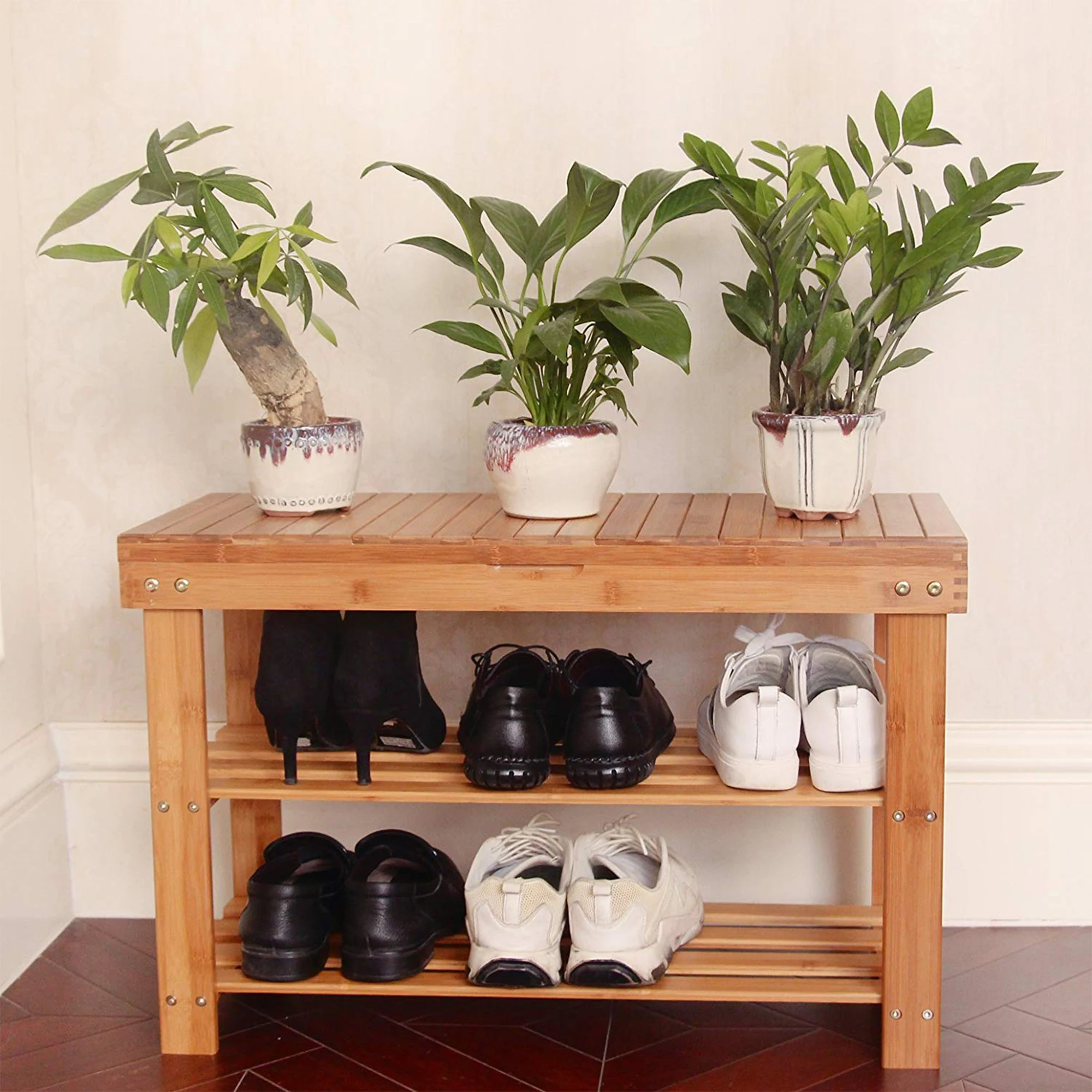 Bamboo Shoe Rack Storage Bench Organizer Boot Shelf With Storage Drawer On Top For Entryway