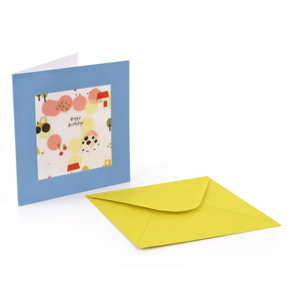New Creative Wholesale Hand Made Lovely Custom Printing Folding Blue Square Birthday Greeting Cards with Envelope
