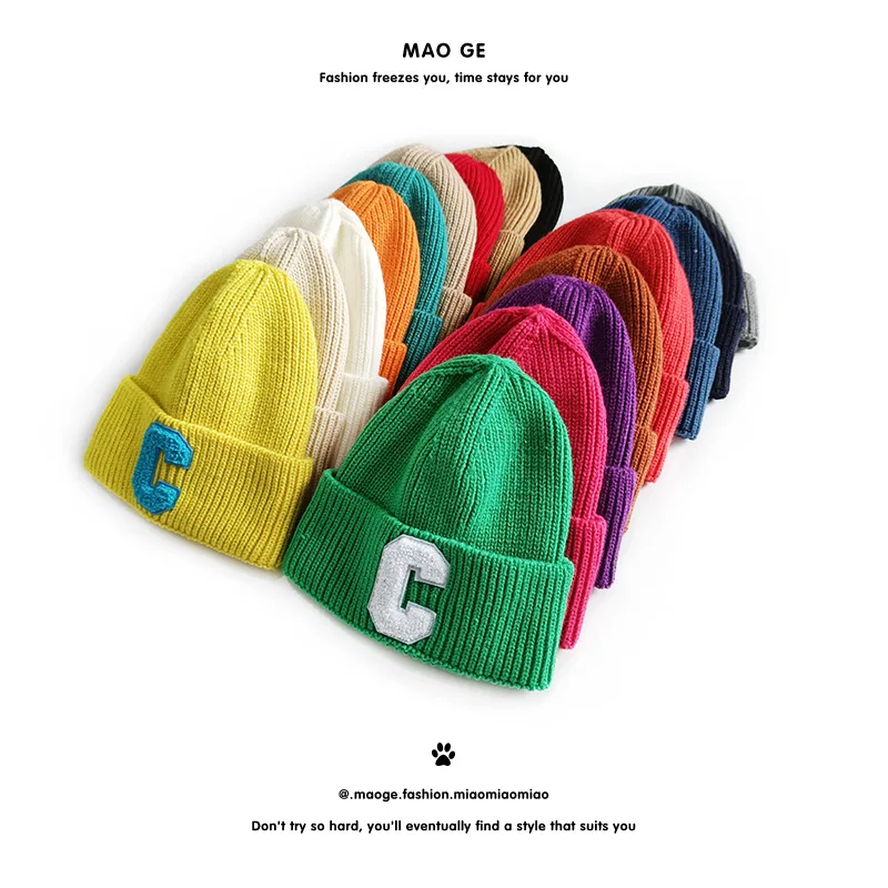 17 colors Children new trend C mark letter woolen knitted pullover fashion casual Korean version flanged beanie dome hats