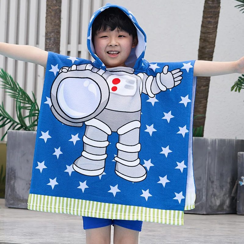 Wholesale High Quality Quick Dry Sand Free Surf Swim Custom Cartoon Print Kids Beach Hooded Poncho Towels