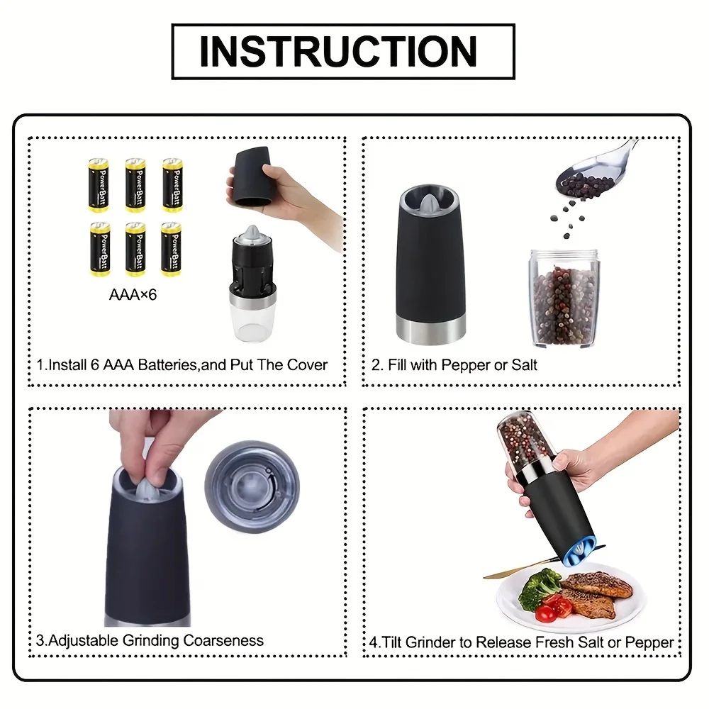 Portable Kitchen Electric Gravity Salt and Pepper Grinder, Mill Seasoning Salt Spice Grinder for Home Travel Use