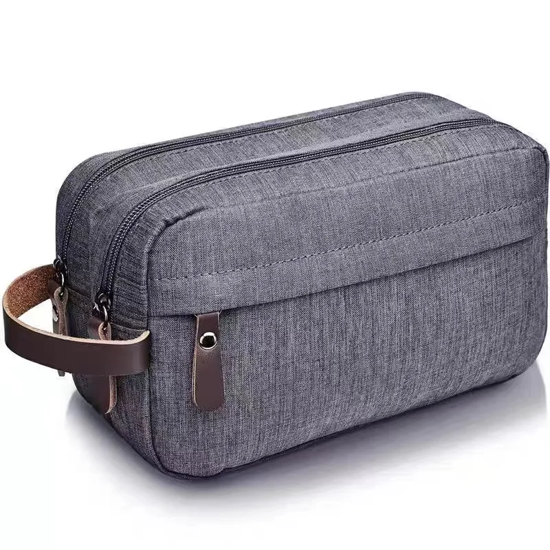 Custom LOGO waterproof nylon double layer large capacity mens dopp kit toiletry bag travel for men with leather handle