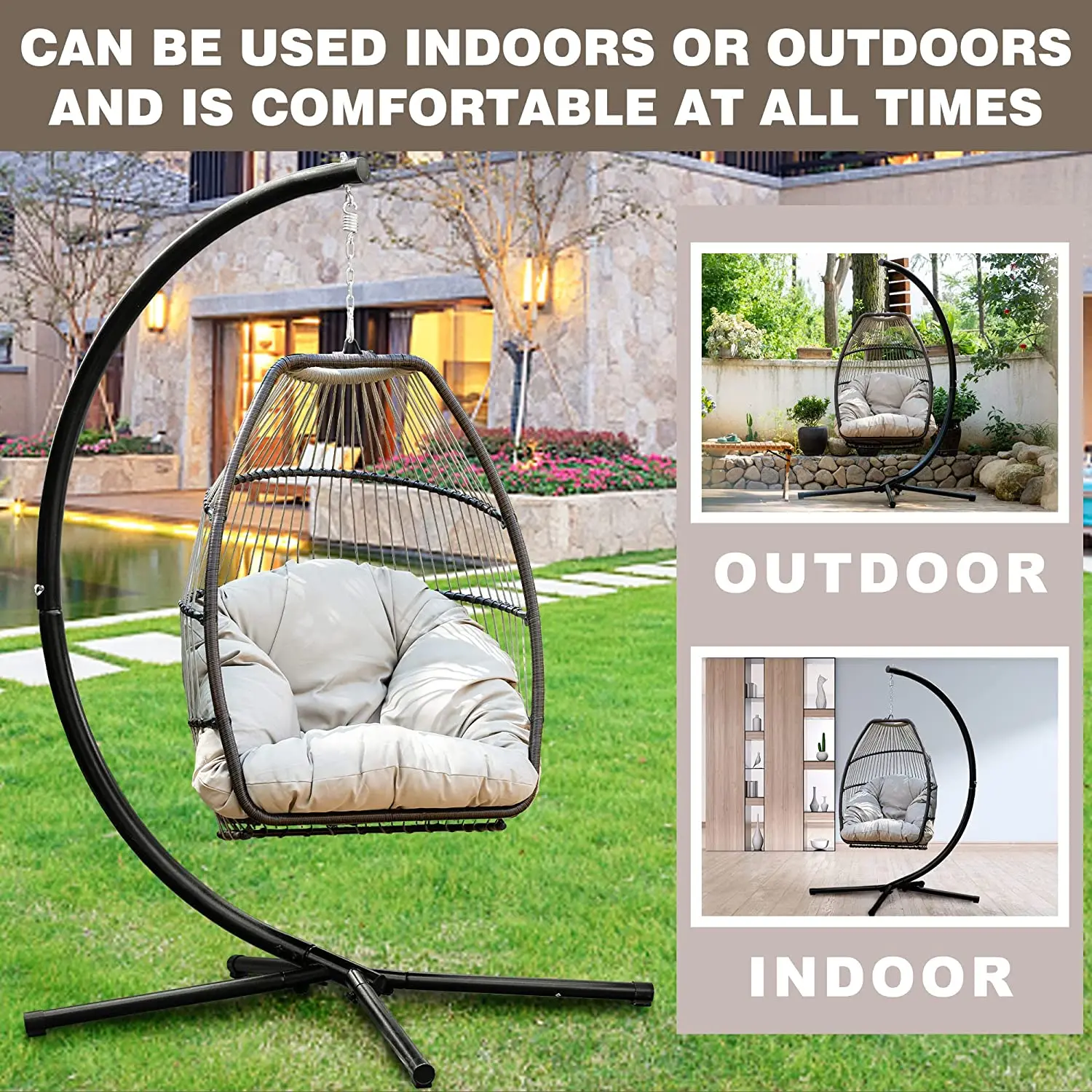 Outdoor furniture garden PE rattan metal stand rattan patio removable hanging egg swing chair