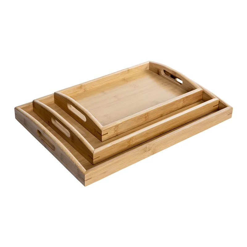 Wholesale Natural Rectangular Bamboo Breakfast Bed Tray Restaurant Hotel Bamboo Fruit Food Tea Serving Bamboo Tray  with Handle