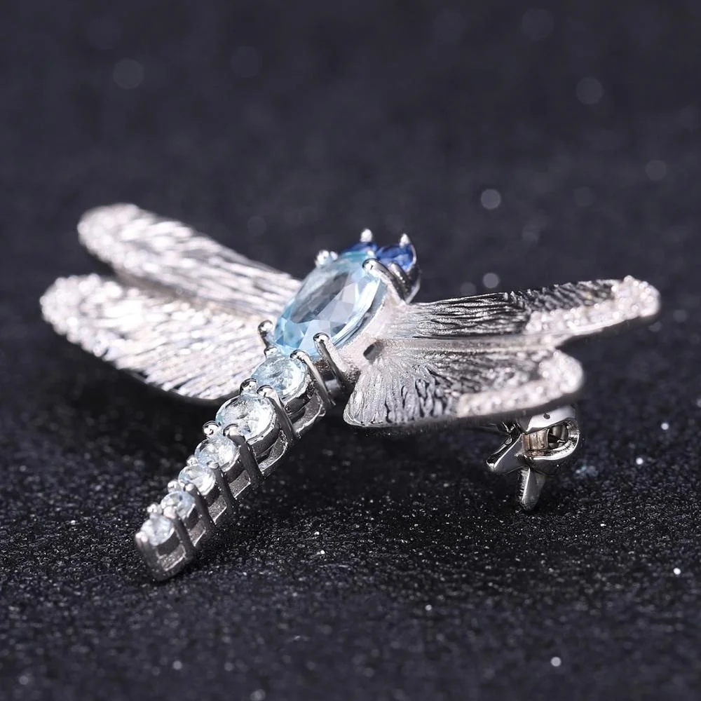 Elegant Luxury Party Jewelry Nano Sapphire Blue Sky Blue Topaz 925 Silver Animal Dragonfly Brooches For Women