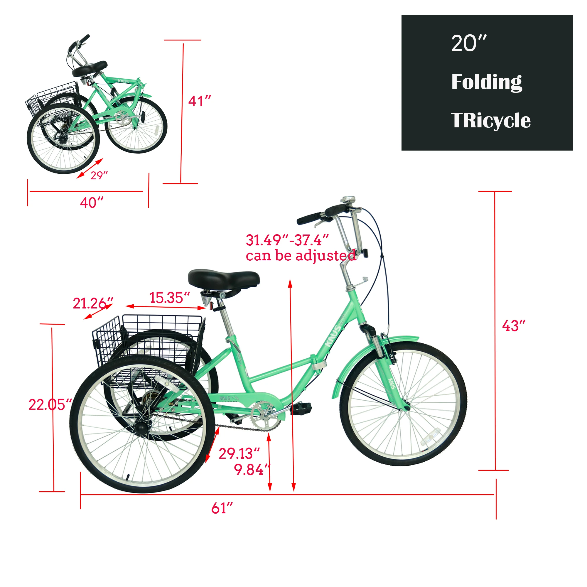 Adult Tricycle Trikes,3-Wheel Bikes,20 Inch Wheels Cruiser Bicycles with Large Shopping Basket for adults