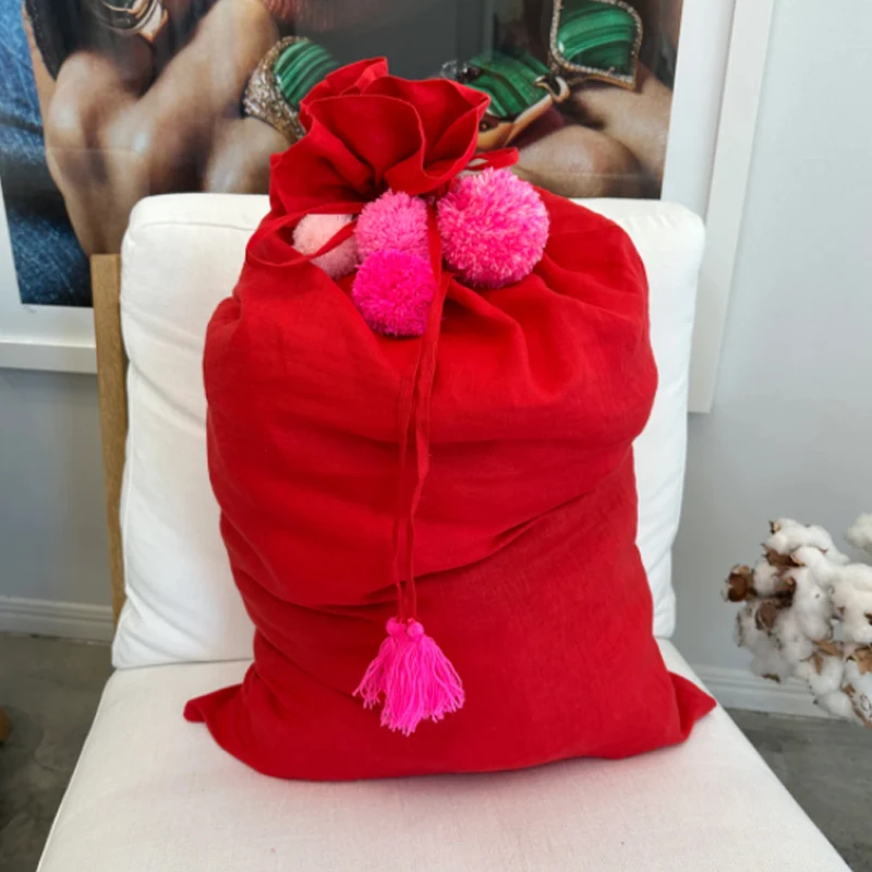 Gingham Santa Sack With Pom Pom Drawstring Large Christmas Sack Wholesale Christmas Gift Bags