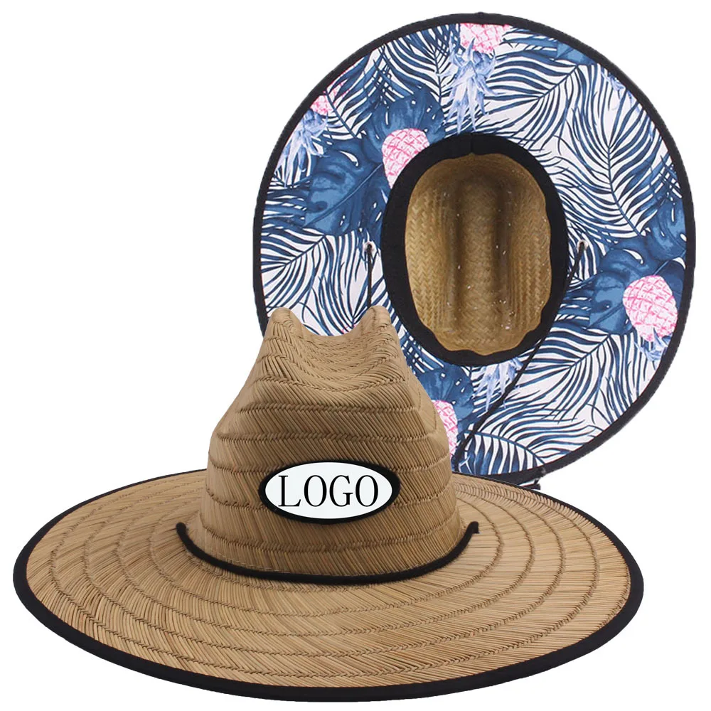 Custom Bottom Print Panama Straw Hats Summer Large Brim Surf Beach Hat Outdoor Wide Brim Sun Lifeguard Straw Hat With Patch Logo