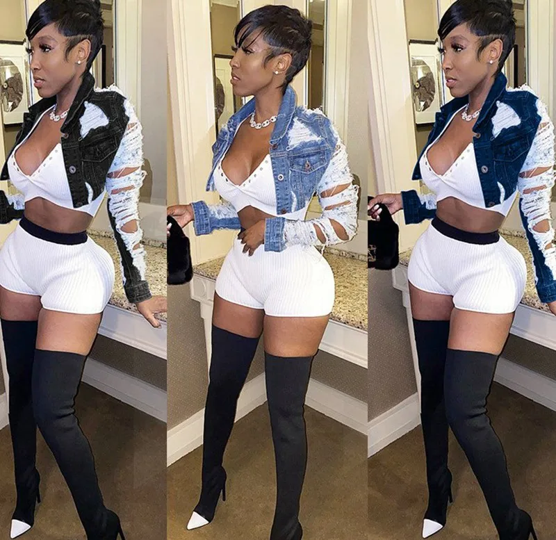
2021 fashion sexy street wear woman ripped mini jeans jacket women clothing fashion denim coat 