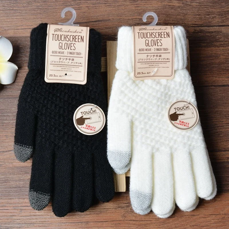 Factory wholesale touch screen gloves women winter knitted and velvet thickened non-slip