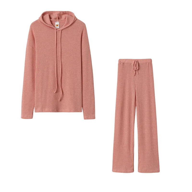 Casual home wear comfortable loose style knitted rib hooded two-piece pants sports suit women