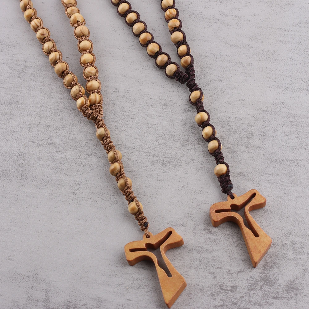 8mm pine wooden beads catholic rosary necklace on cord big cross