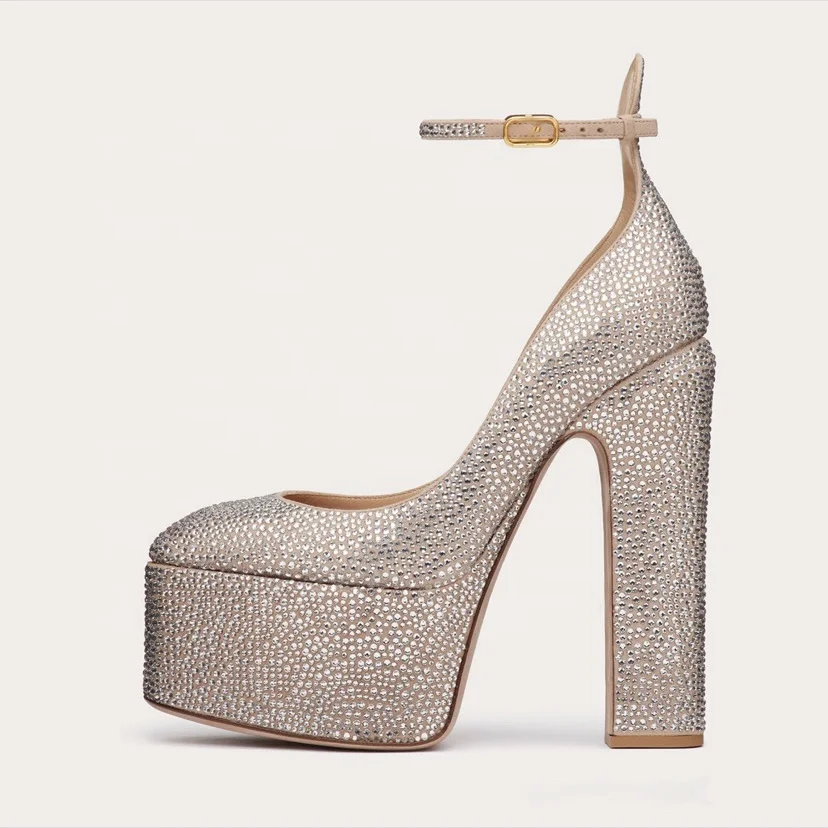 Custom Designer Shoes Patent PU Sexy Ladies Ankle Pumps High Block Heels Women Platform Shoes for Party Ankle Strap Rubber Hjj