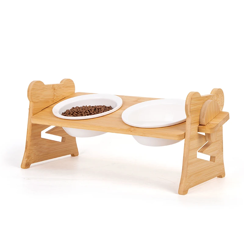 New Pet Feeder Dog Cat Adjustable Double Bowl Wooden Support Ceramic Bowl