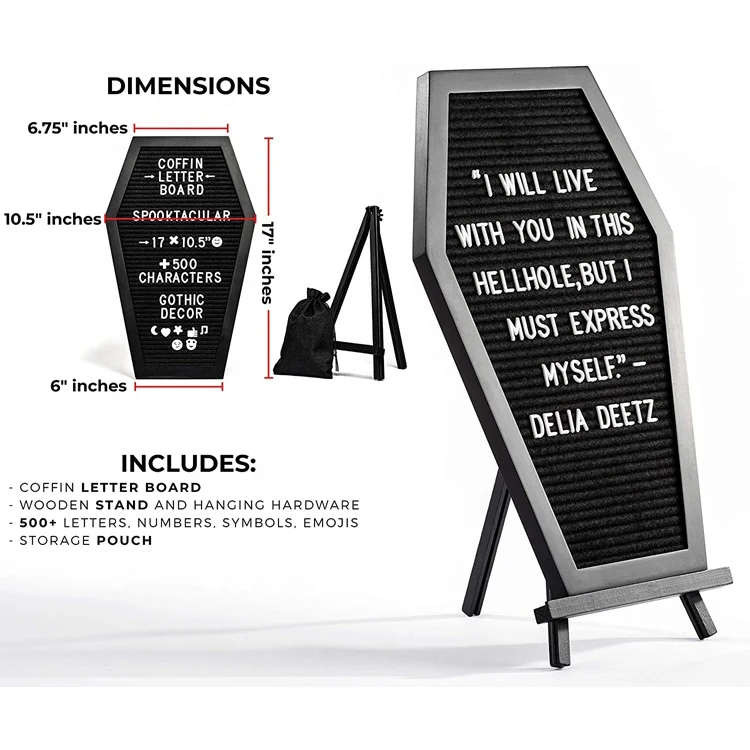 Black Felt Coffin Letter  Message Board for Halloween Decorations 17x10.5, 500 White Changeable Characters, Wooden Stand