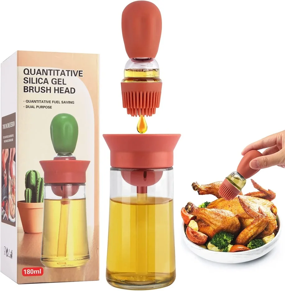 2 in 1 Glass Oil Brush Bottle Glass Olive Oil Dispenser with Silicone Oil Brush for Cooking Baking BBQ Grill