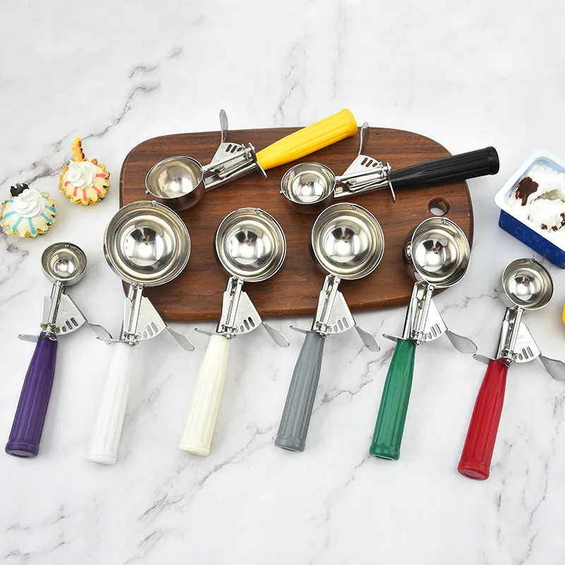 Factory Wholesale Ice Cream Scoop Fruit Ice Ball Maker Spoon Stainless Steel Ice Cream Scoop With Colorful Plastic Handle