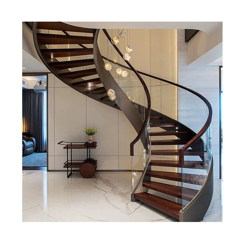 Manufacturer Wholesale Modern Design Spiral Staircase Wooden Stringer Treads Staircase With Glass Railing