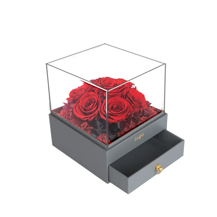 
Custom logo transparent acrylic square artificial flower gift box rose flower storage box with drawer 