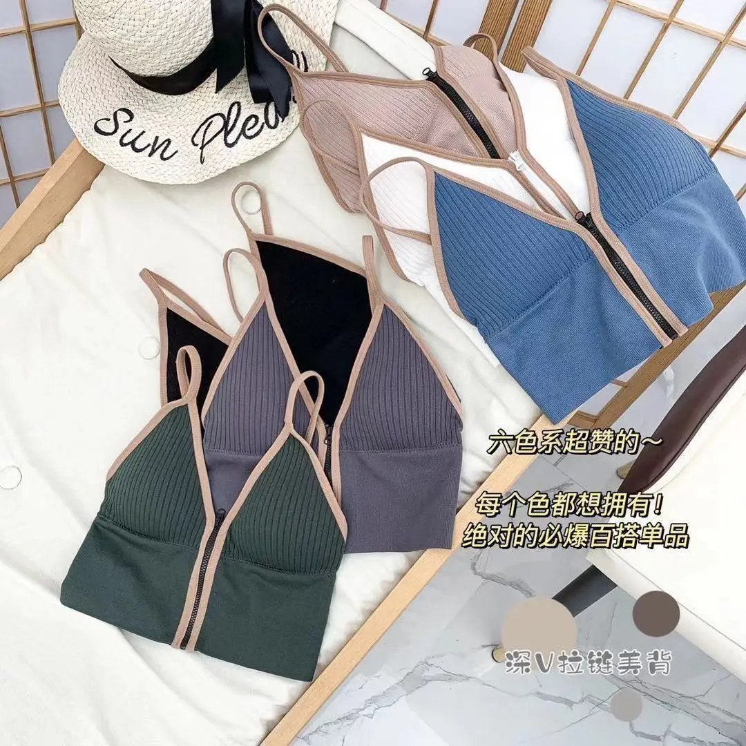 
highest selling ladies deep v comfortable seamless beautiful back tube top seamless bra With zipper sports camisole 