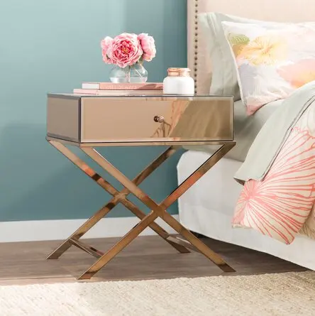 Wholesale Silver Champagne Gold Mirror Cross Legs End Table With Drawer