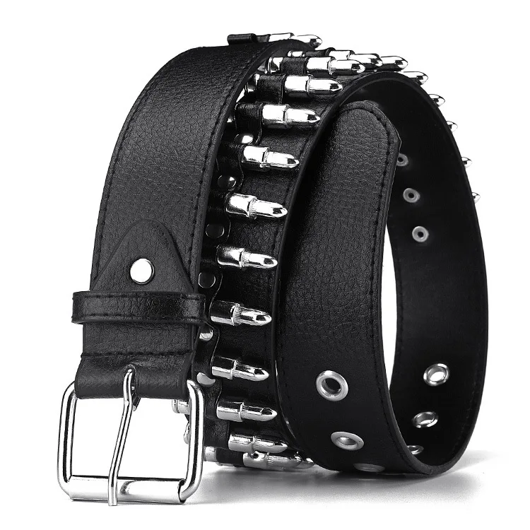 Manufactured Roller Prong Buckle Black Punk Womens PU Leather Men Bullet Studded Belt With Your Own Logo