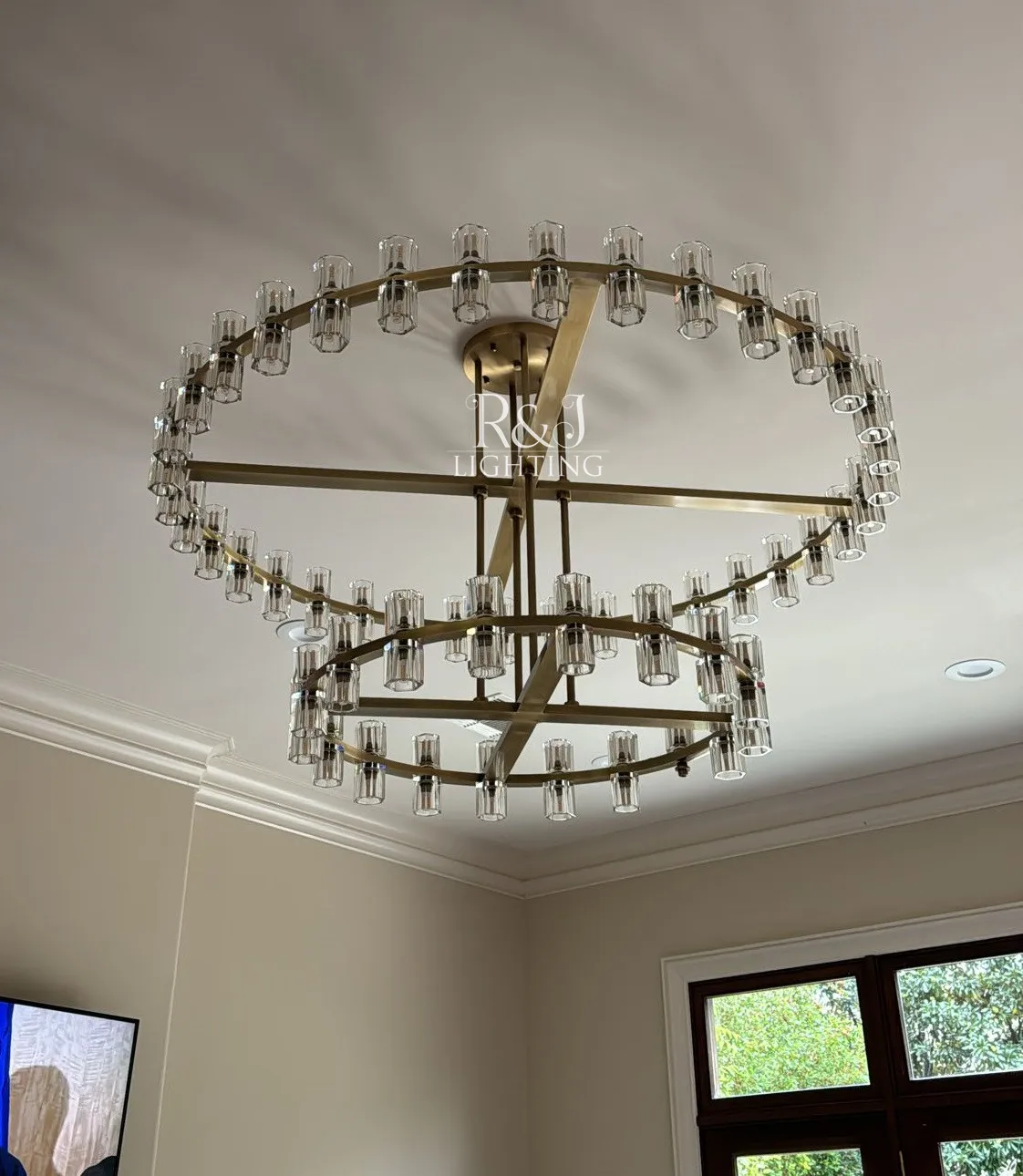 modern luxury k9 glass large hanging lamp round circular villa hotel chandelier lights for entrance foyer high ceiling